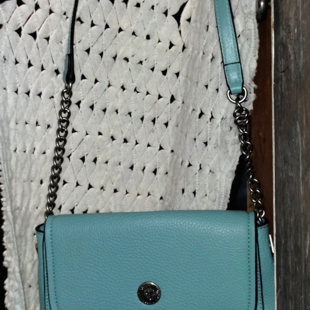 Anne Klein teal crossbody w/24.5 drop 8.25 X 6" H X 1.5"  fold over magnetic